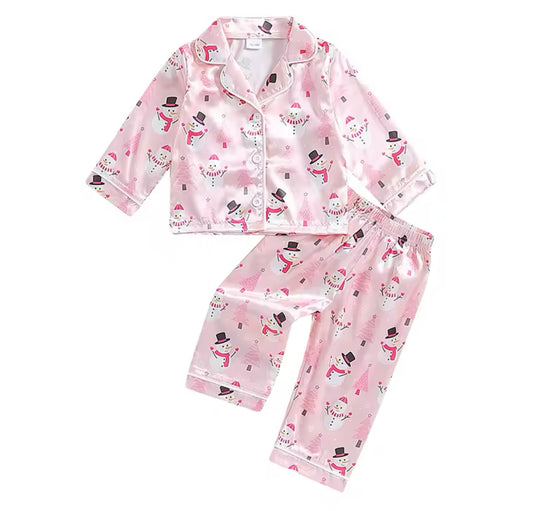 PERSONALISED PINK SATIN SNOWMAN PYJAMAS 2-4 WEEKS