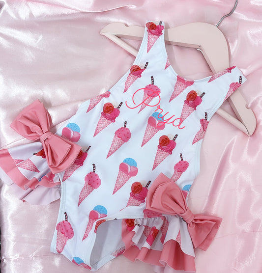 GIRLS PERSONALISED ICE CREAM SWIMMING COSTUME READY TO PERSONALISE