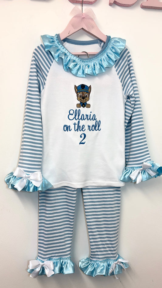 BLUE STRIPED CHASE PAW PATROL PERSONALISED PYJAMAS 1-4 WEEKS