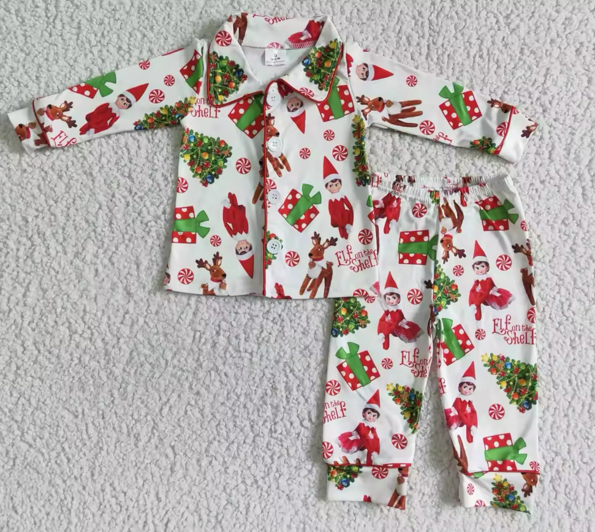 KIDS CHRISTMAS ELF ON THE SHELF PERSONALISED BUTTON UP PYJAMAS DISPATCHED BY NOVEMBER 22ND