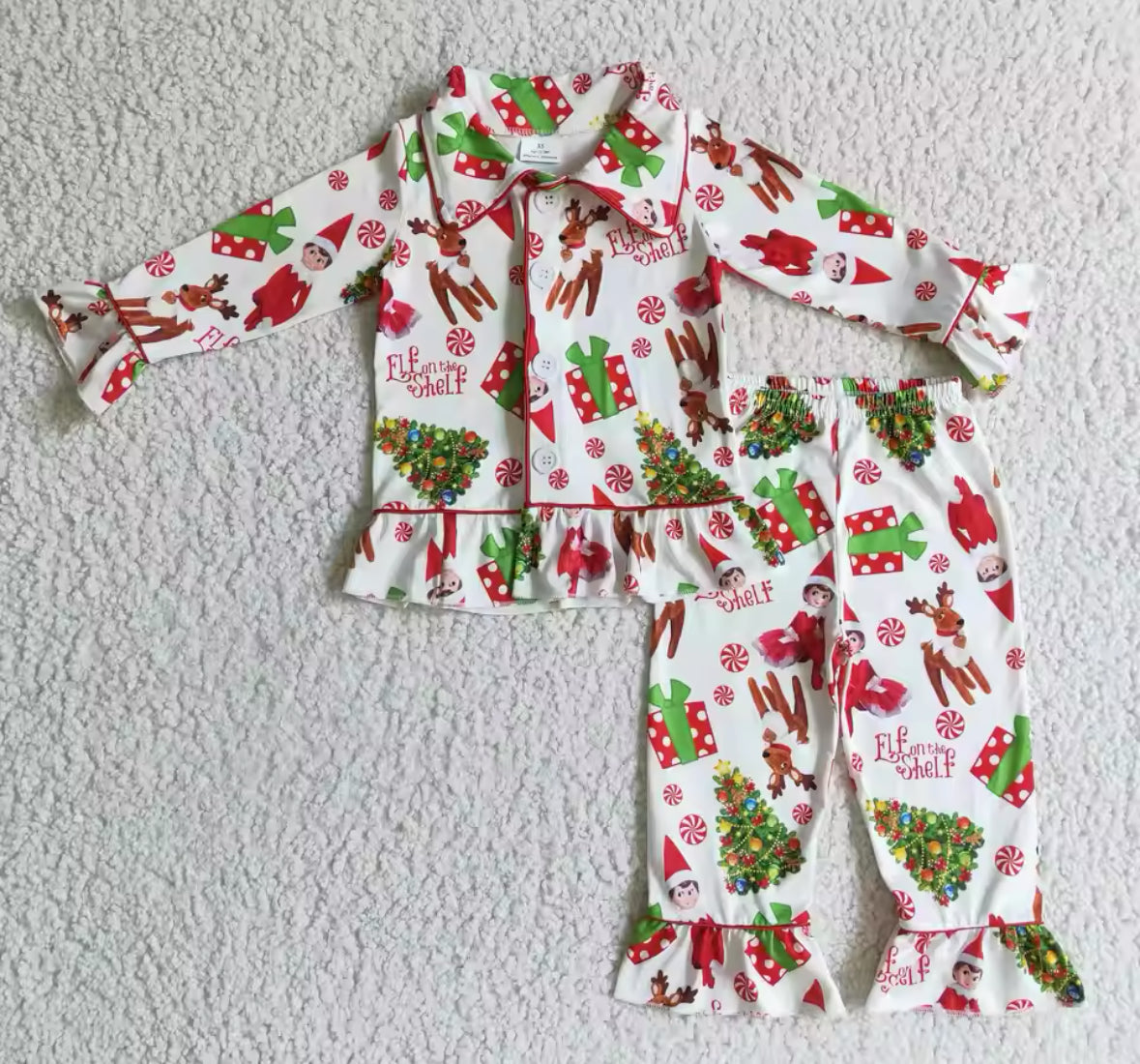 KIDS CHRISTMAS ELF ON THE SHELF PERSONALISED BUTTON UP PYJAMAS DISPATCHED BY NOVEMBER 22ND