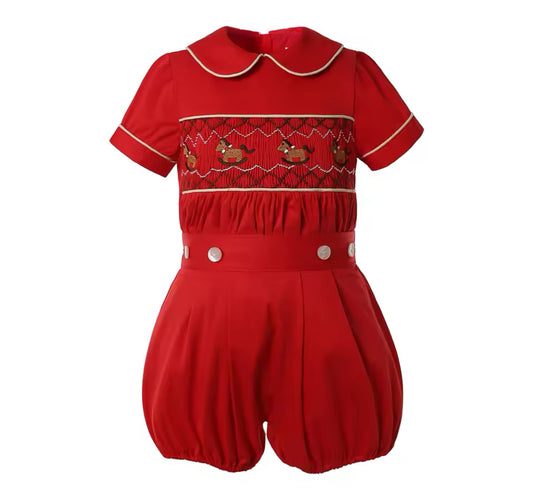 RED SMOCKED ROCKING HORSE CHRISTMAS SHORT 2 PIECE 2-4 WEEKS