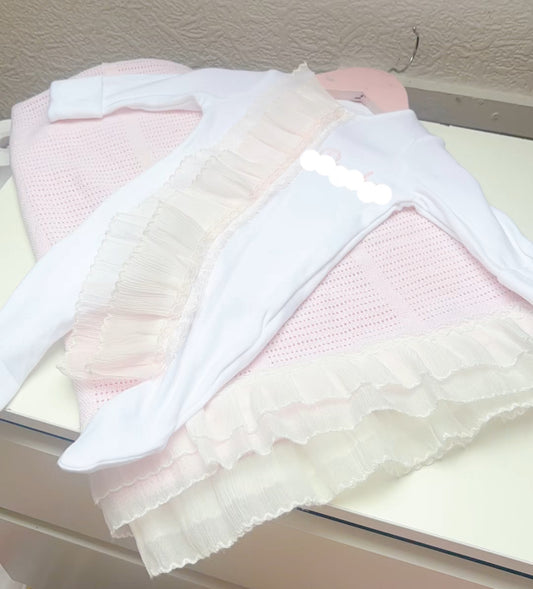 PERSONALISED FRILL BABY GROW AND CELLULAR BLANKET (10-20 WORKING DAYS)