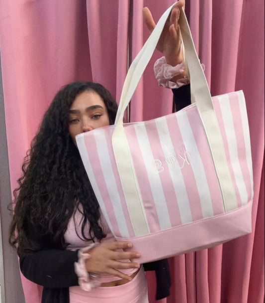 PERSONALISED PINK STRIPED HOLIDAY TOTE BAG (5-10) WORKING DAYS