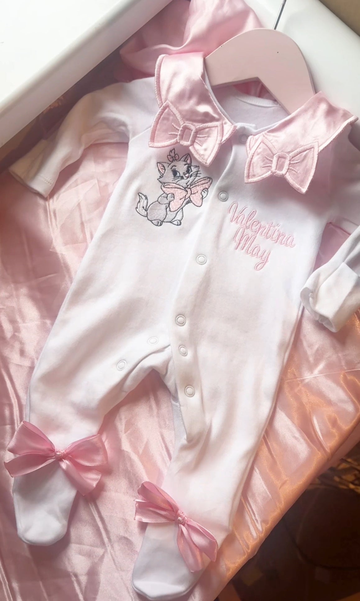 SATIN BOW COLLARED EMBROIDERED BABY GROW (10-20 WORKING DAYS)