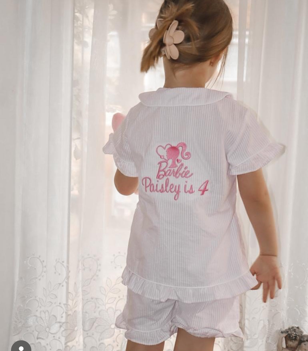 3-4 YEARS NEXT WORKING DAY DISPATCH - KIDS PINK STRIPED SEERSUCKER PERSONALISED SHORT PYJAMAS