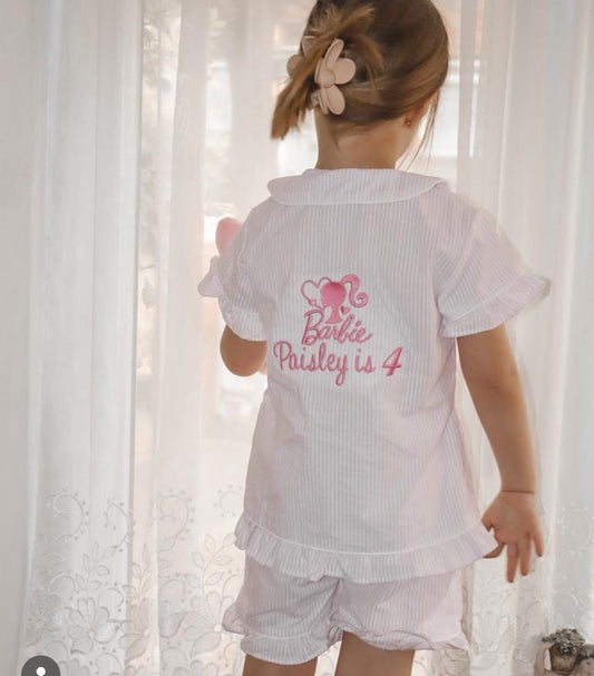 3-4 YEARS NEXT WORKING DAY DISPATCH - KIDS PINK STRIPED SEERSUCKER PERSONALISED SHORT PYJAMAS
