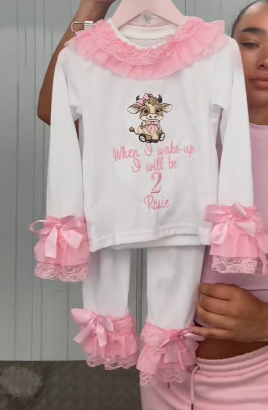 WHITE & PINK CUTE COW PERSONALISED PYJAMAS 2-4 WEEKS