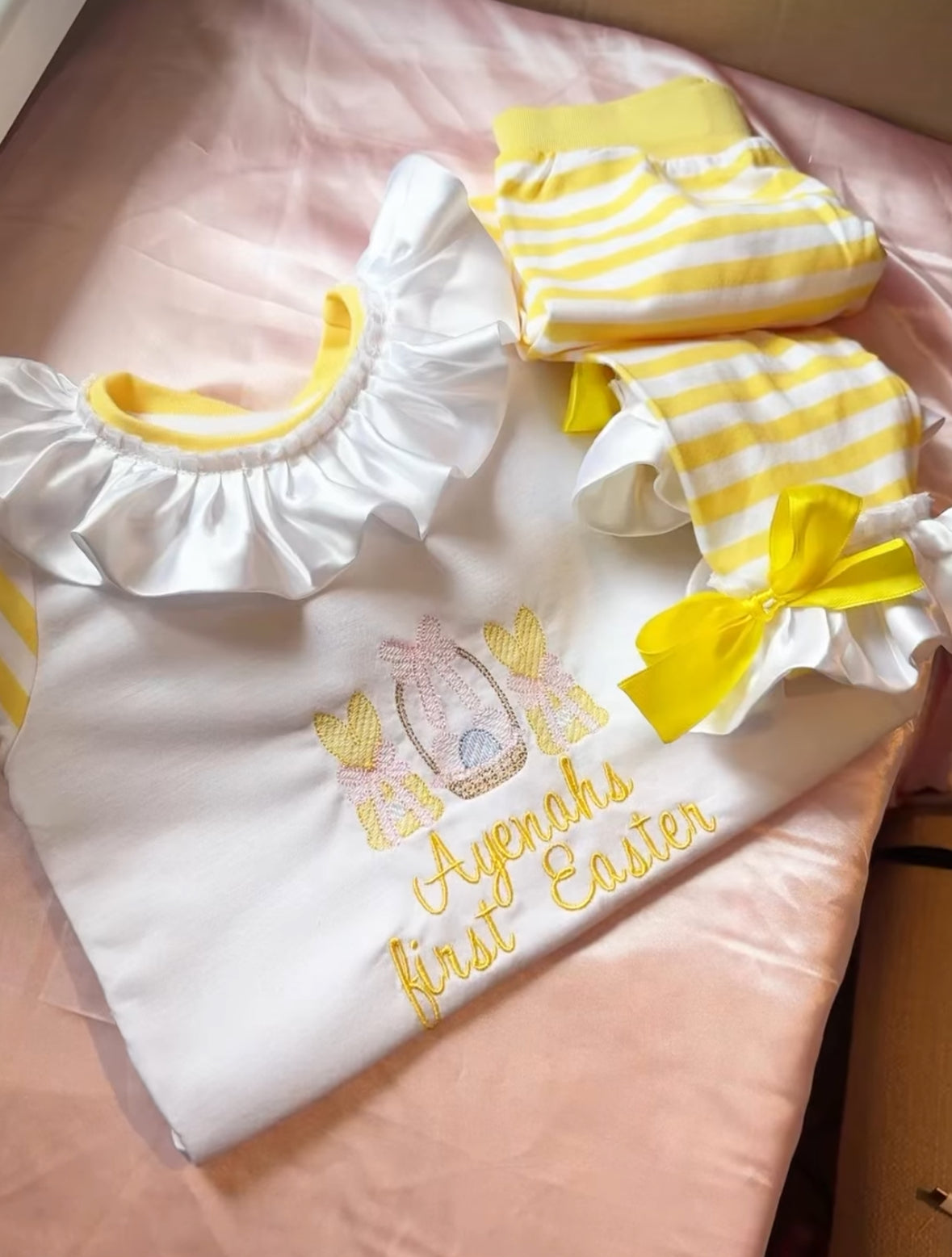 YELLOW STRIPED EASTER BUNNY BASKET PERSONALISED PYJAMAS 10-20 WORKING DAYS