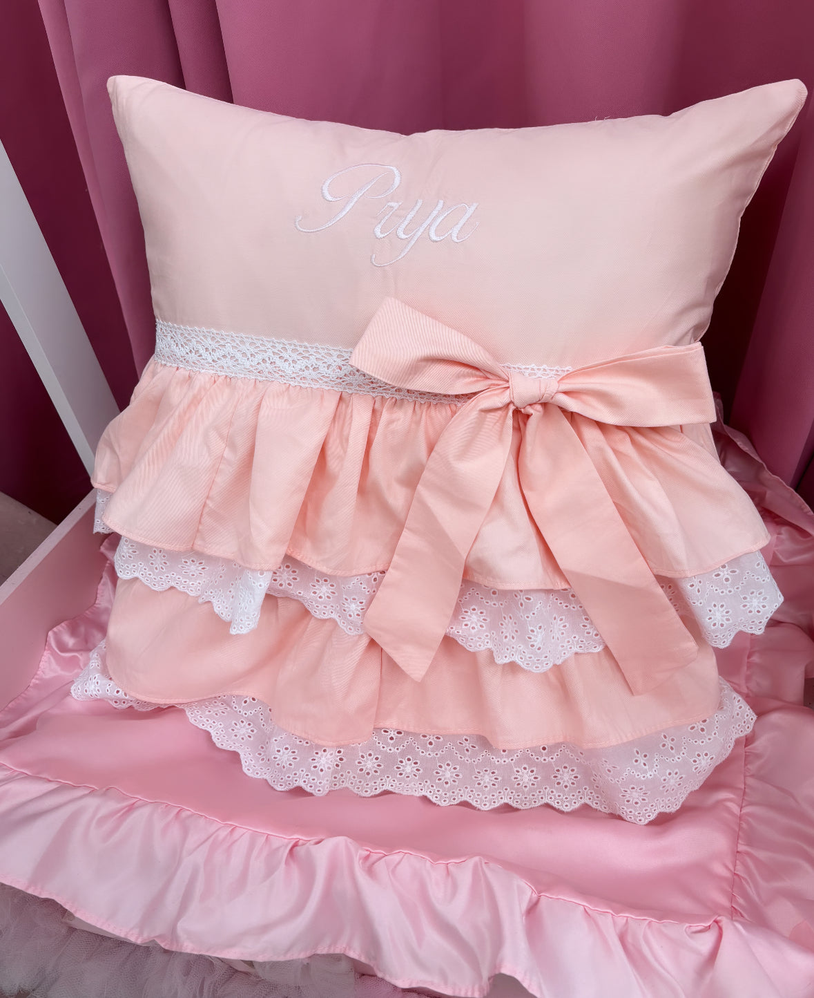 LIGHT PEACH PERSONALISED FRILLY COTTON CUSHION 2-4 WEEKS
