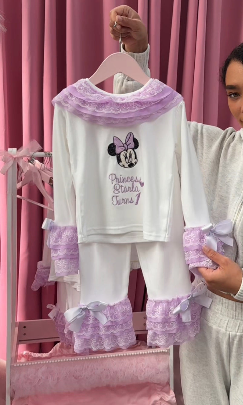 WHITE & LILAC MINNIE PERSONALISED PYJAMAS 2-4 WEEKS