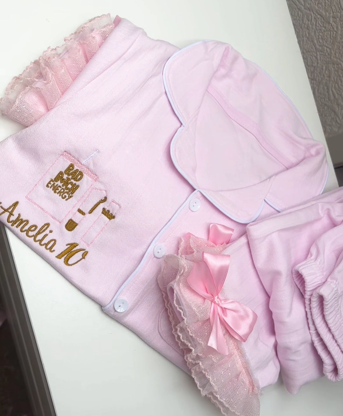 GIRLS PINK PERSONALISED BUTTON UP PYJAMAS 2-4 WEEKS