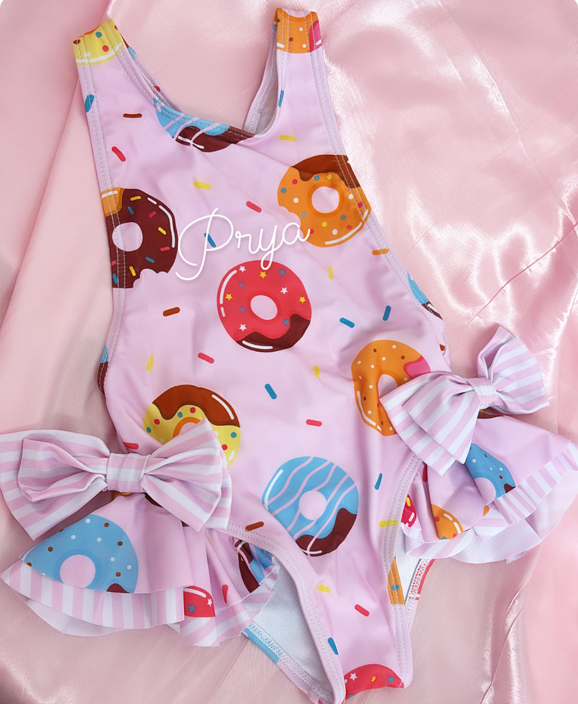 GIRLS PERSONALISED DOUGHNUT SWIMMING COSTUME 2-4 WEEKS