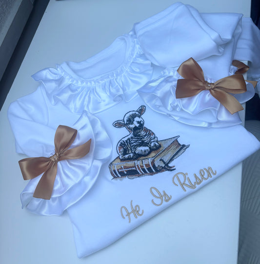 WHITE EASTER LAMB BIBLE PERSONALISED PYJAMAS 2-4 WEEKS