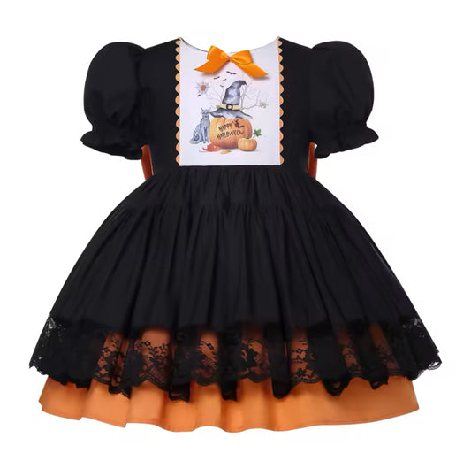 ORANGE AND BLACK HALLOWEEN PUFF DRESS 2-4 WEEKS