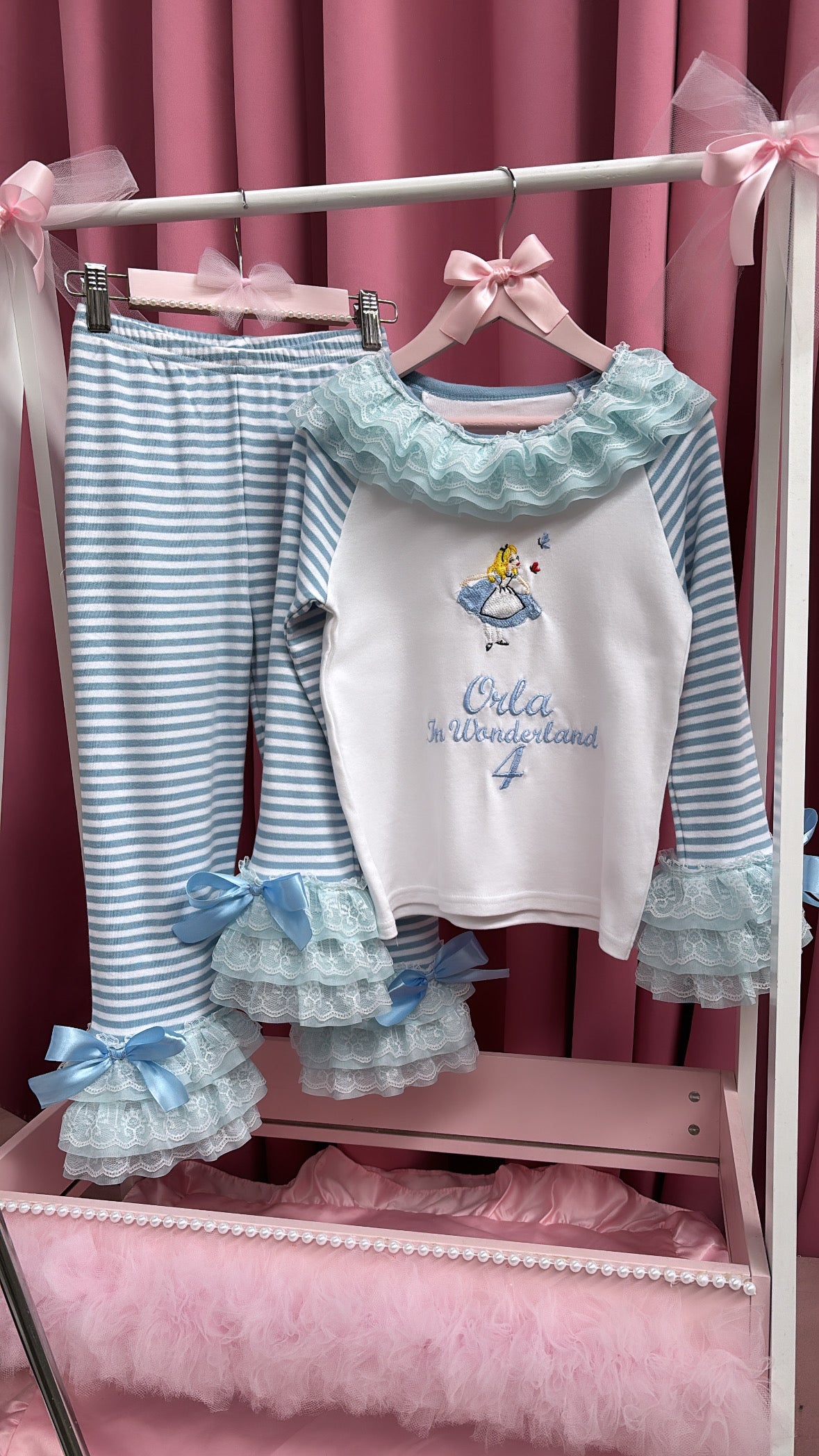 BLUE STRIPED ALICE IN WONDERLAND PERSONALISED PYJAMAS 1-4 WEEKS