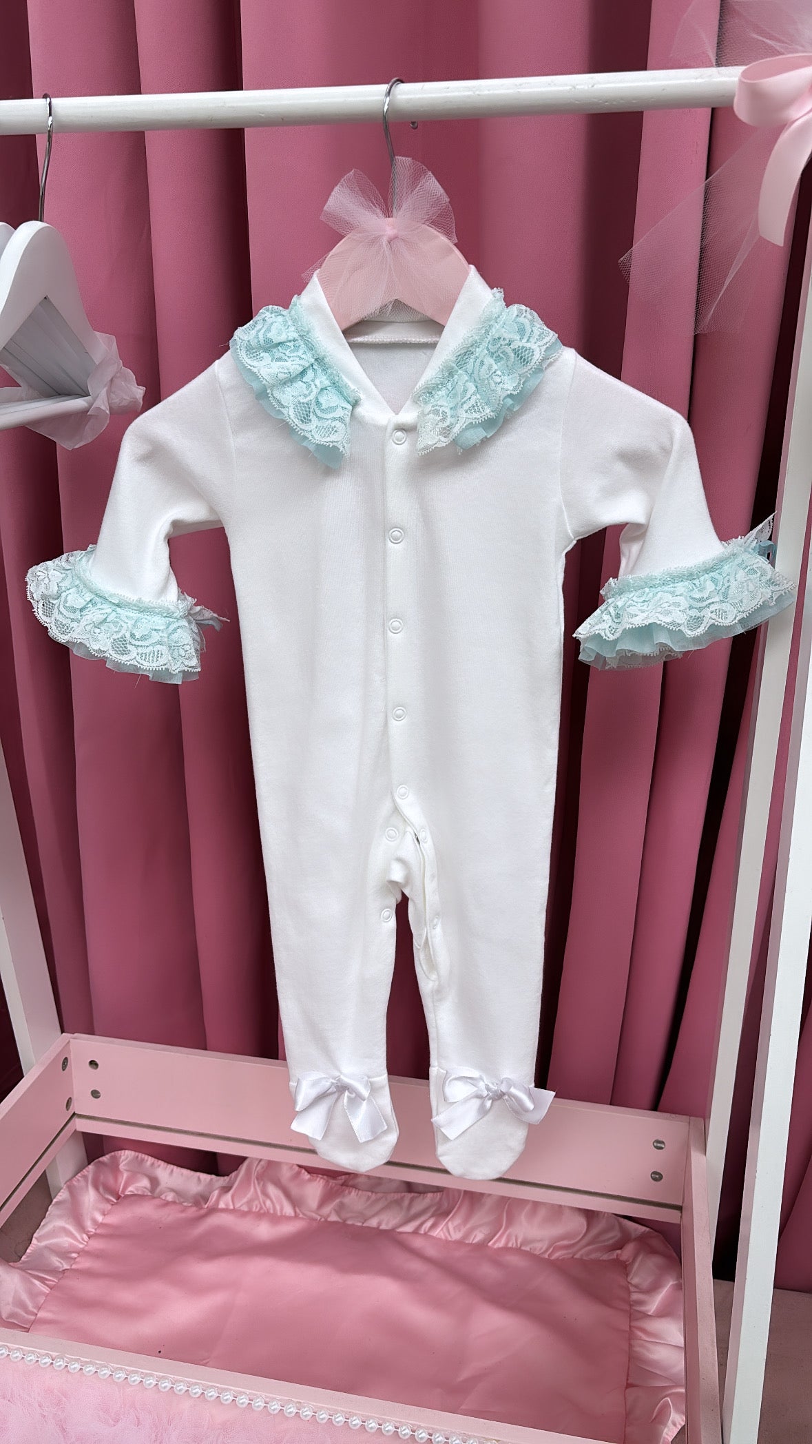 PERSONALISED BLUE FRILLY BABY GROW 2-4 WEEKS