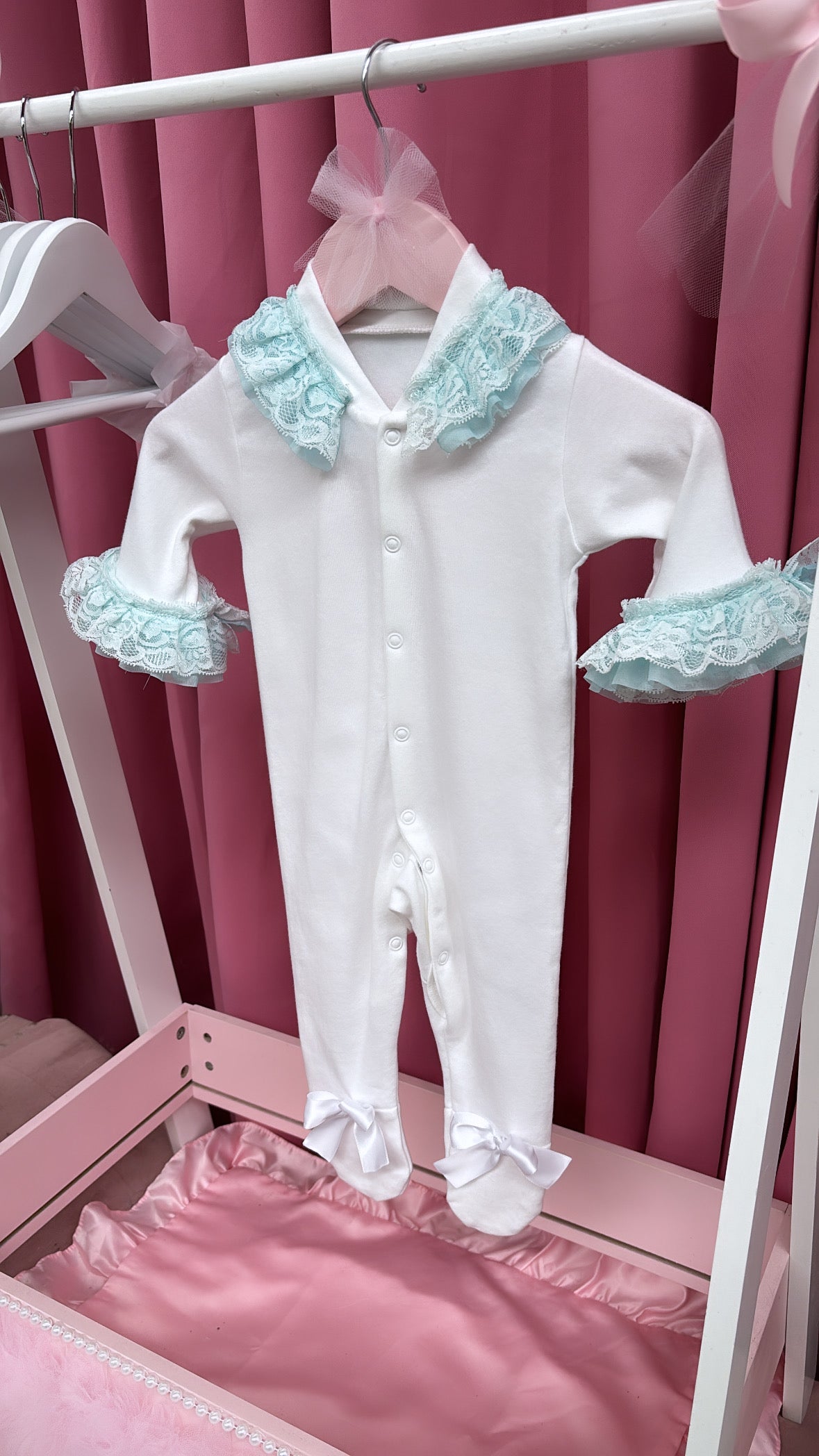 PERSONALISED BLUE FRILLY BABY GROW READY TO PERSONALISE