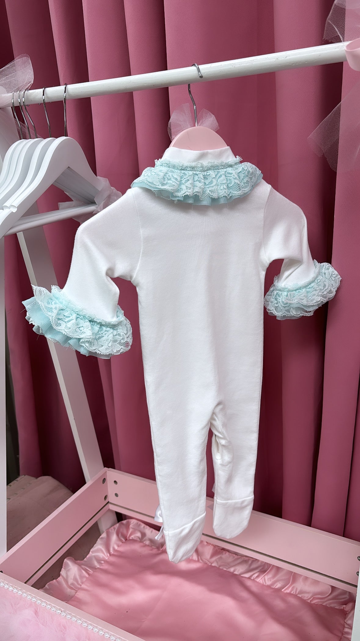 PERSONALISED BLUE FRILLY BABY GROW 2-4 WEEKS