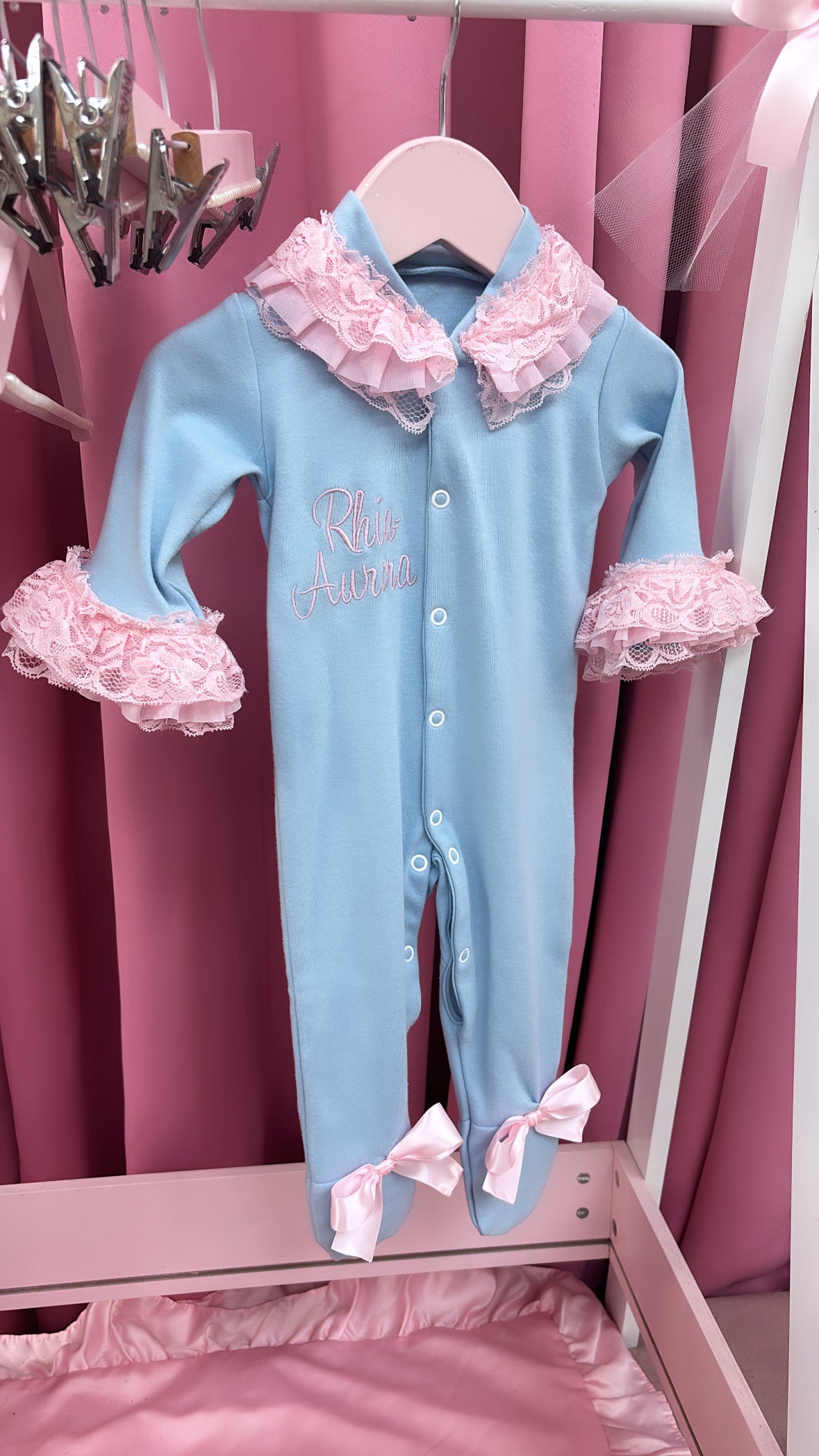 BLUE & PINK PERSONALISED FRILLY BABY GROW 2-4 WEEKS