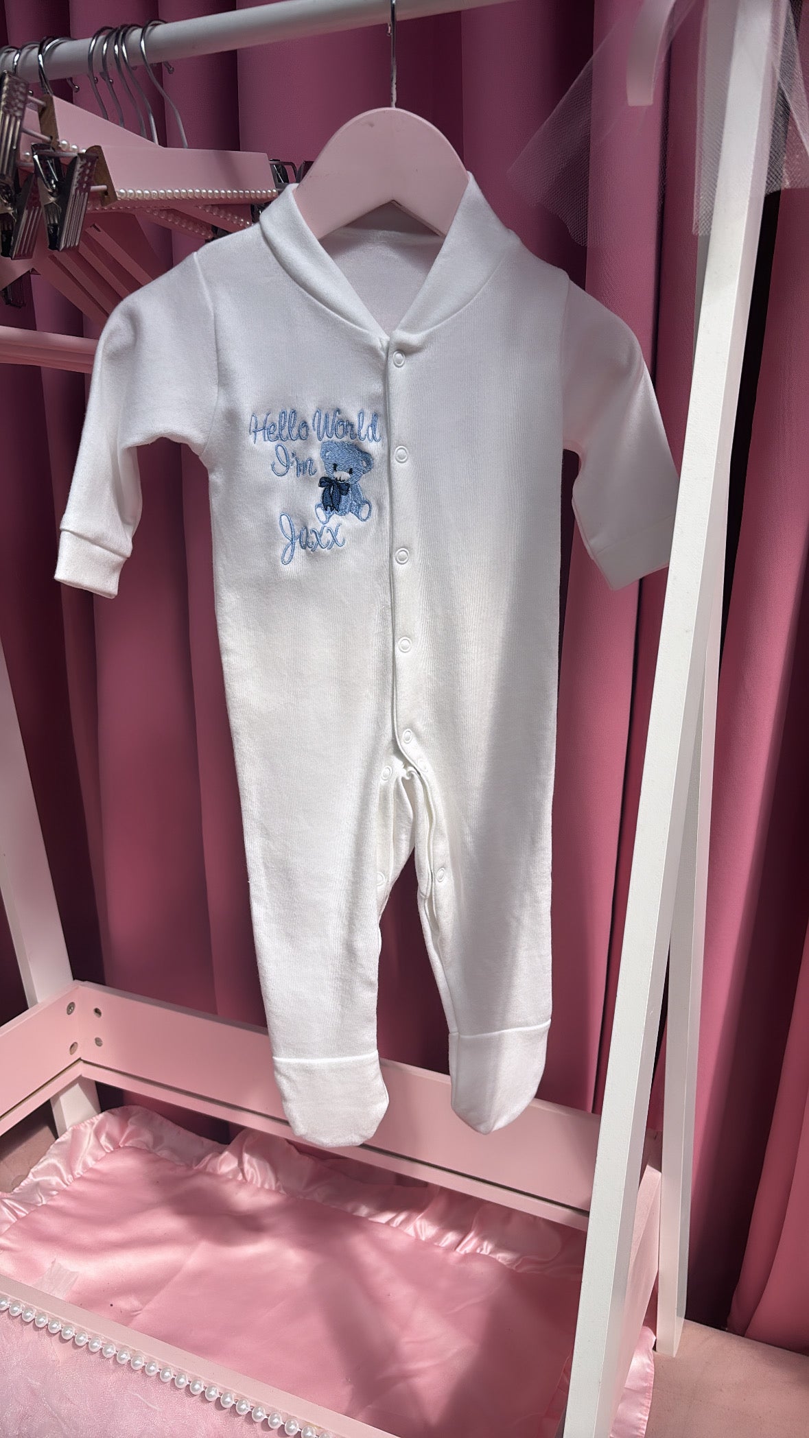 HELLO WORLD & BEAR  PERSONALISED BABY GROW 2-4 WEEKS