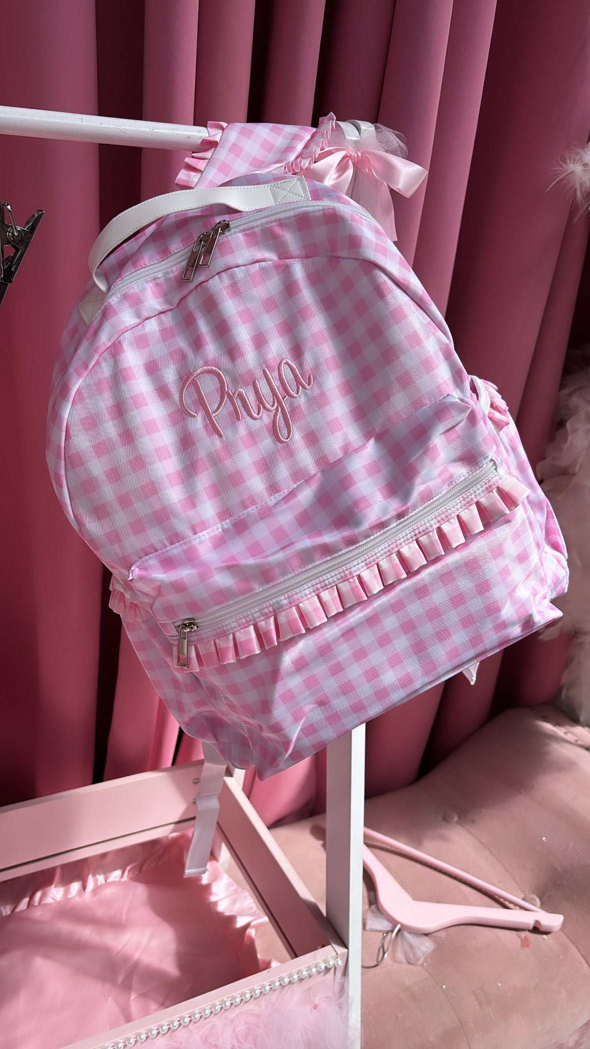 PINK GINGHAM FRILL PERSONALISED BACK PACK 2-6 WEEKS