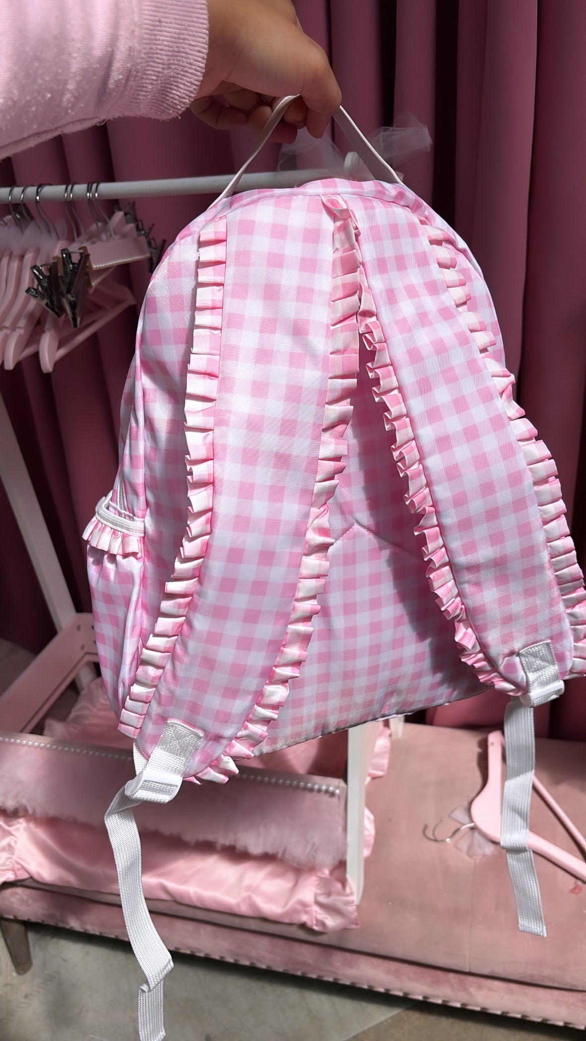 PINK GINGHAM FRILL PERSONALISED BACK PACK 2-6 WEEKS