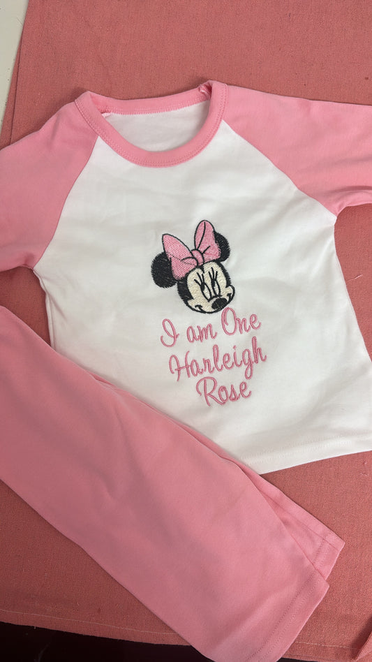 ALREADY PERSONALISED ' HARLEIGH ROSE '- PINK MINNIE PYJAMAS 6-12 MONTHS