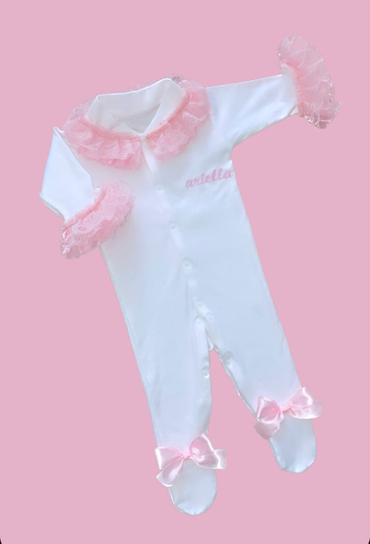 PERSONALISED PINK FRILLY BABY GROW 2-4 WEEKS
