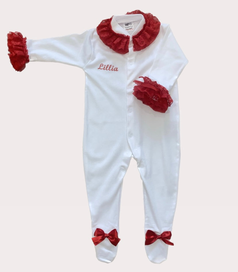 PERSONALISED RED FRILLY CHRISTMAS BABY GROW 4-6 WEEKS