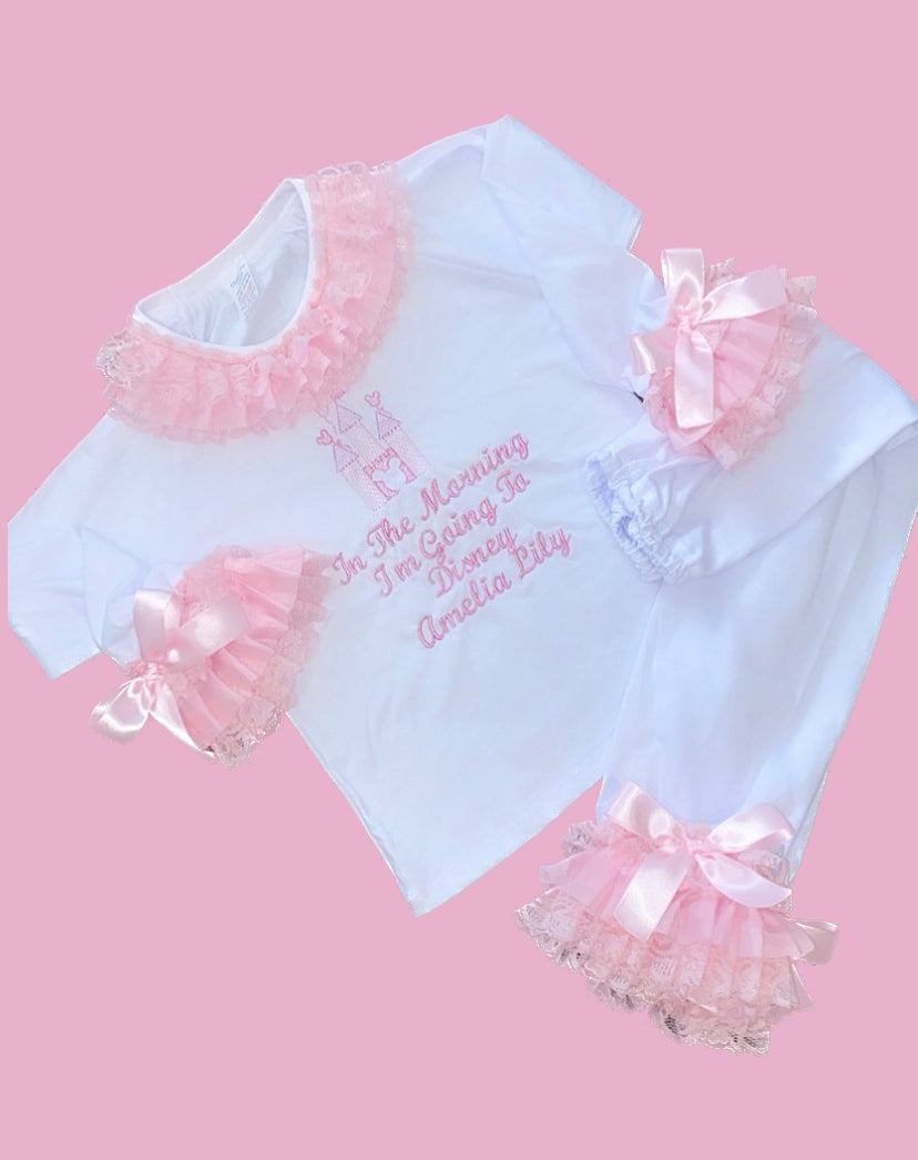 WHITE & PINK CASTLE PERSONALISED PYJAMAS 2-4 WEEKS