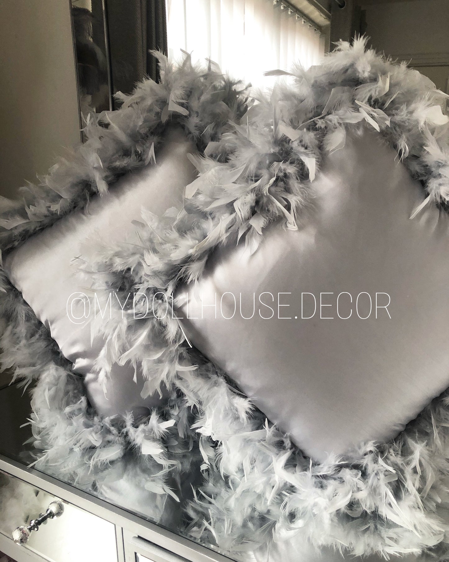 Silver Grey Silk Feather Trim Cushion 2-4 WEEKS