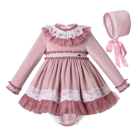 ROSE VELVET DRESS, BLOOMERS & BONNET 3-4 WEEKS