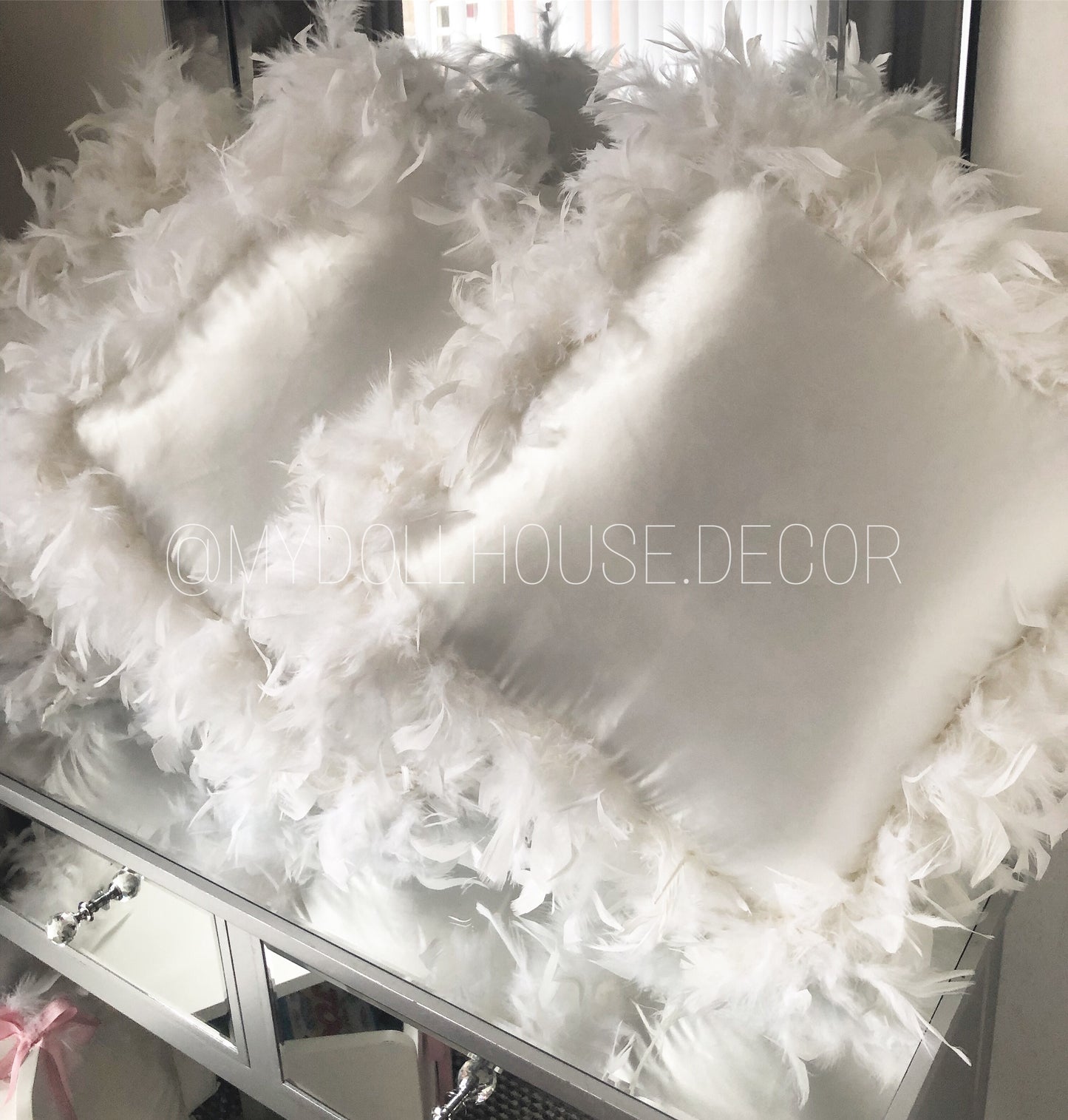 White Silk Feather Trim Cushion 2-4 WEEKS