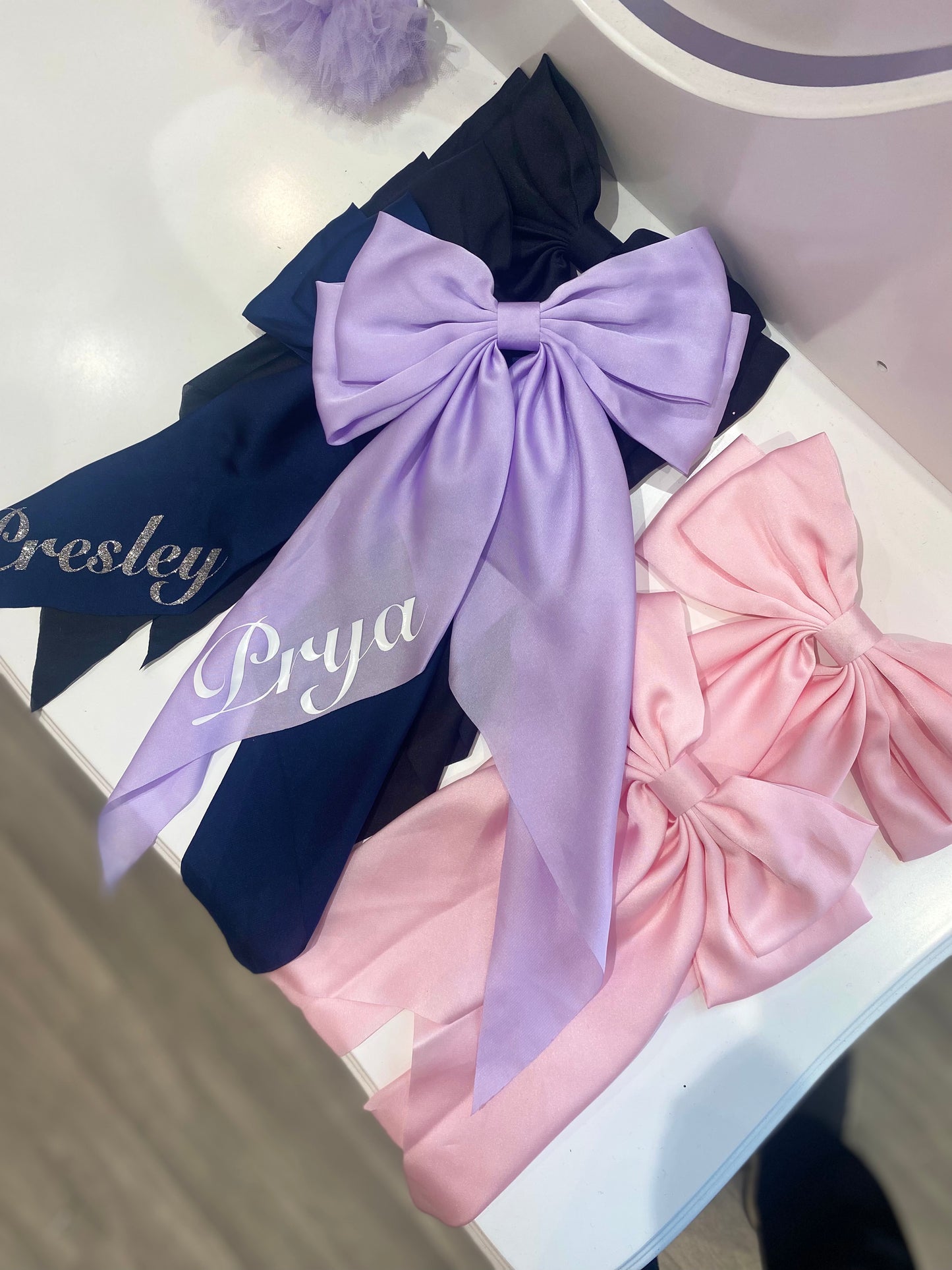 PERSONALISED SILK LONG TAIL HAIR BOWS 1-2 WEEKS