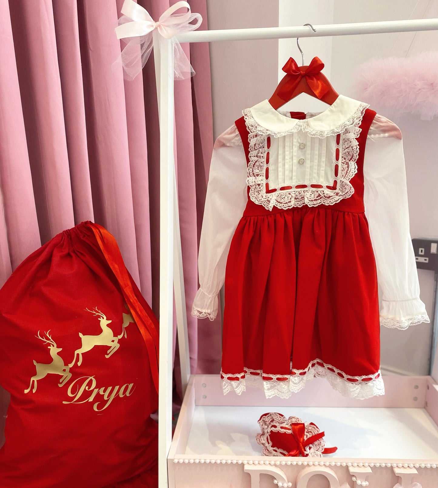 BLANCHETTE RED PINAFORE DRESS & HEADBAND 4 YEARS READY TO SHIP