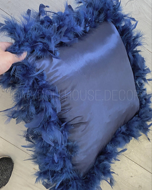 Navy Silk Feather Trim Cushion 2-4 WEEKS