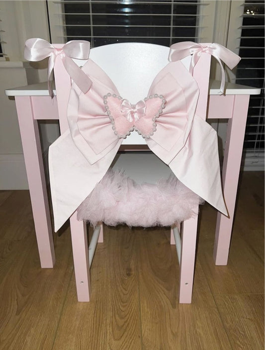 PINK AND WHITE BUTTERFLY & BOW CHILDREN'S TABLE AND CHAIRS SET 2-4 WEEKS